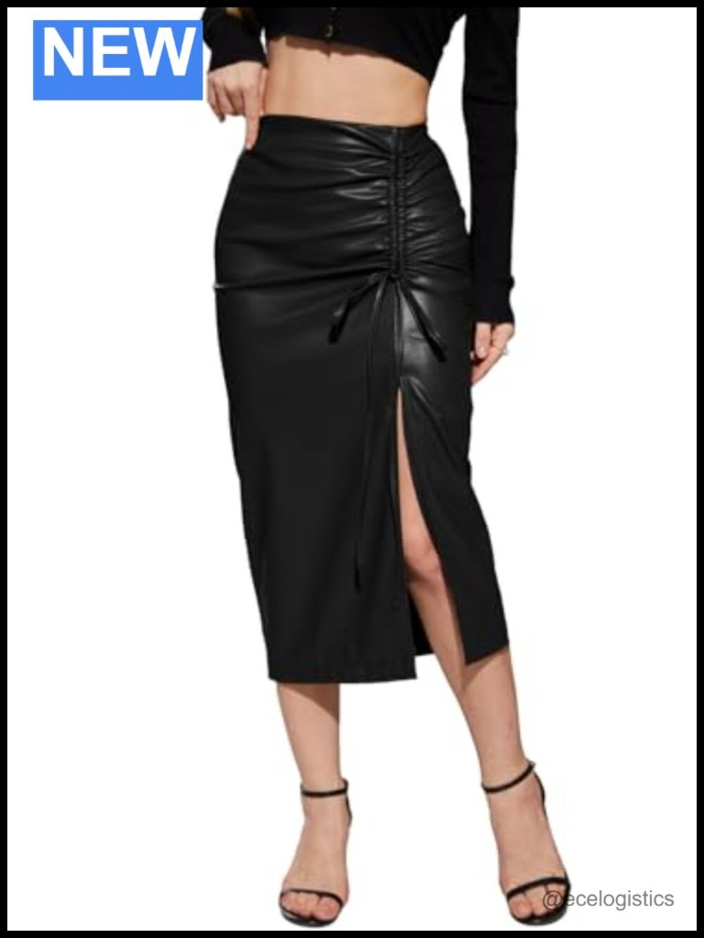 Faux Leather High Waisted Asymmetrical Pencil Midi Skirt with Side Slit